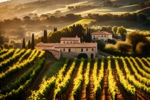 A Photograph Capturing The Serene Beauty Of A Tuscan Hillside, Bathed In Warm Sunlight And Adorned With Vibrant Vineyards And Rustic Farmhouses.