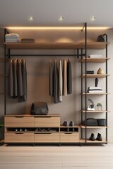 Wall Mural - Luxury walk-in closet with empty shelves for clothing or accessory mockup  AI generated illustration