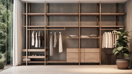 Wall Mural - Luxury walk-in closet with empty shelves for clothing or accessory mockup  AI generated illustration