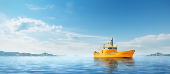 Poster - Place yellow boat on blue sea under summer sky with cargo securely copy space image