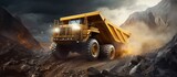Fototapeta  - Ore hauling truck moving rocks to crusher in quarry copy space image