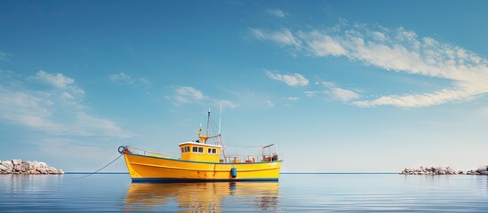 Poster - Place yellow boat on blue sea under summer sky with cargo securely copy space image