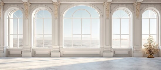 Poster - Luxurious light interior design in a mansion with stucco walls high windows and square columns copy space image