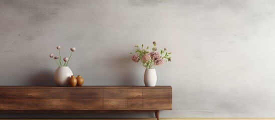 Poster - Modern grey living room with corner sofa white table and a vase on a long wooden cupboard copy space image