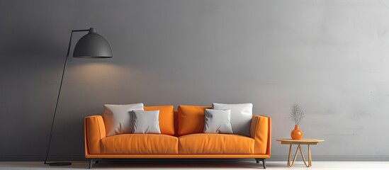 Poster - Modern interior with a grey Scandinavian sofa under an orange lamp copy space image