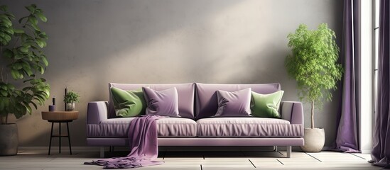 Poster - Stylish living room with a large gray couch green pillows and a violet blanket accompanied by a heater potted plants and lilac curtains copy space image