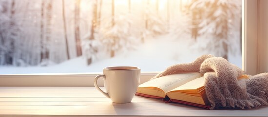 Aufkleber - Snowy landscape seen from inside through a vintage windowsill with a hot mug of tea and an open book on a warm plaid copy space image