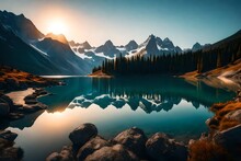 Imagine A Serene Mountain Lake At Sunrise, Its Crystal-clear Waters Mirroring The Surrounding Peaks.