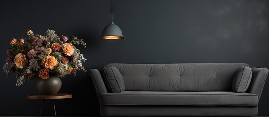 Wall Mural - Real photo of flowers on a black table and grey sofa in a living room with a lamp and wallpaper copy space image