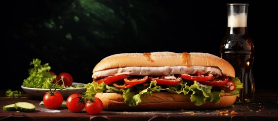 Poster - Sub sandwich and coke on table focused and space for copy copy space image