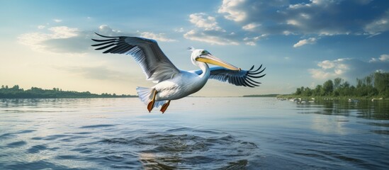 Poster - Pelican flying over reflective water representing climate change s effect on biodiversity conservation in Danube Delta copy space image
