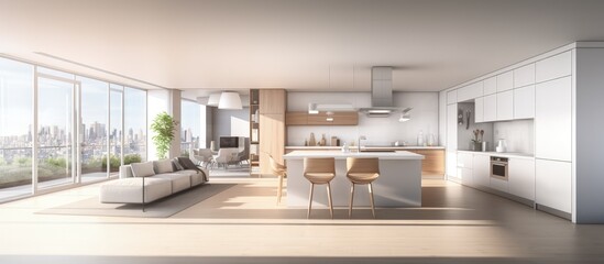 Poster - Open living room visible from modern kitchenette in panoramic apartment view copy space image