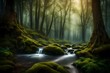 Create a lush, misty forest scene with towering trees and a meandering stream.