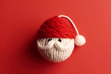 Crocheted wool ball with the face of Santa Claus on a red background. Christmas crafts