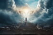 Person walking up stairway to heaven through clouds in the sky after death. Generative Ai