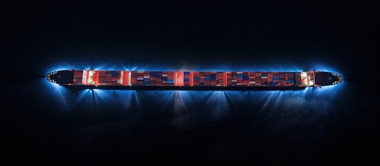 Poster - Nighttime aerial view of cargo ship at sea copy space image