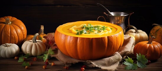 Aufkleber - Pumpkin soup presented in hollowed out pumpkins copy space image