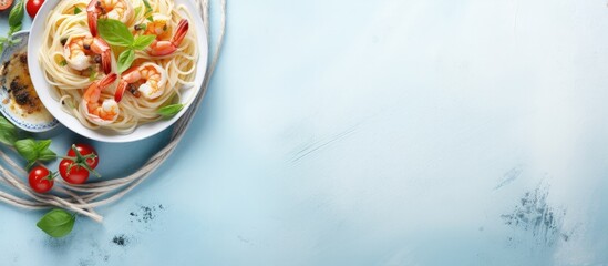 Leinwandbilder - Mediterranean pasta with creamy seafood and prawns on blue table copy space image