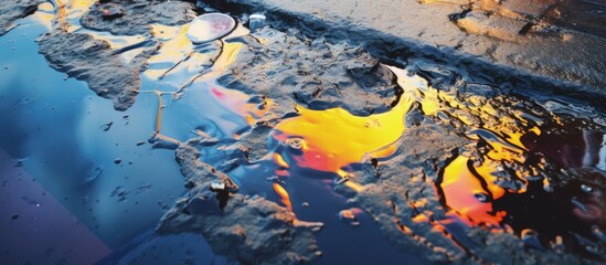 Wall Mural - Rainbow gasoline leak on wet pavement copy space image