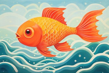 Children's Storybook Illustration of a Goldfish Swimming Underwater