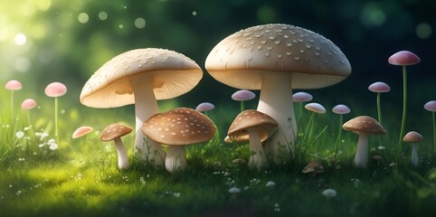 Wall Mural - Fairy tale in mashrooms in the forest. AI generated illustration