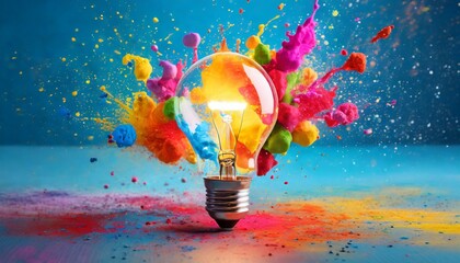 Wall Mural - creative light bulb explodes with colorful paint and colors new idea brainstorming concept