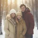 Fototapeta Las - Winter Wonderland: A Happy Family Enjoying the Festive Season, Walking in the Snowy Forest. An Active Christmas Holiday Filled with Joyful Moments 
