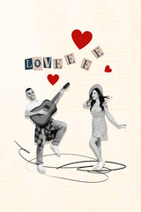 Poster - Creative magazine collage of excited lady listening boyfriend singing serenade isolated beige color background