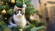 young cat with big beautiful eyes sits on a christmas tree