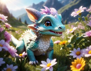 Fairy little green baby flower dragon in Alpine beautiful spring meadow with pink and yellow flowers