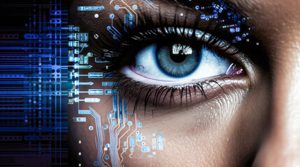 Poster - Close up of female eye in digital cyberspace.