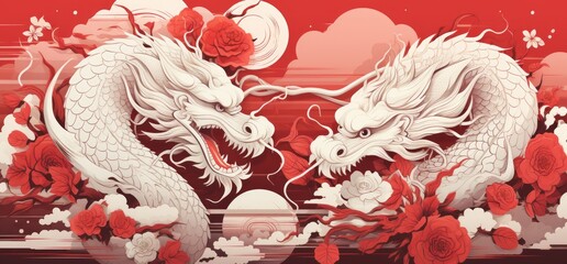 two Chinese dragons with chinese design happy auspicious chinese new year Generative AI