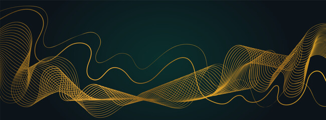 Luxury dark green abstract background with glowing golden wave. Modern green gradient flowing gold wave lines. Shiny futuristic technology concept. Vector illustration