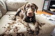 Muddy Dog Leaves Carpet And Living Room Filthy. Сoncept Pet Mess Clean Up, Carpet Stain Removal, Odor Elimination, Deep Cleaning Services, Living Room Restoration