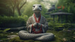 A yoga-loving snake practicing meditation in a serene garden, Anthropomorphic animals, animal character, with copy space