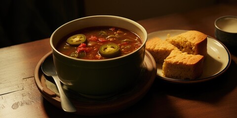 Poster - A bowl of soup and some bread on a plate. Generative AI.