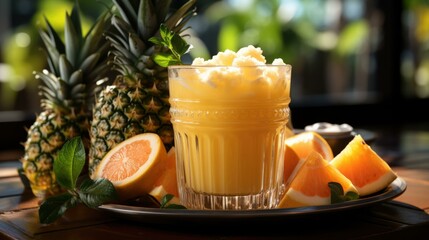 Sticker - A refreshing blend of orange juice and pineapple, garnished with a coconut, transports you to a tropical paradise. Generative AI.