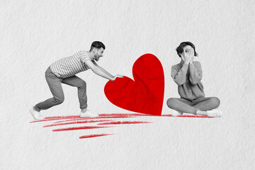 Poster - Creative collage picture of black white colors guy push heart symbol girl close eyes interested peeking isolated on paper background