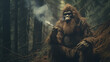 The mysterious Bigfoot ape smokes a cigarette in the jungle