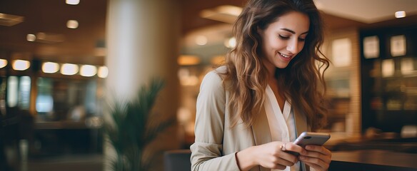 Wall Mural - happy professional business woman using mobile applications on phone at work standing at lobby. generative AI