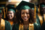 Fototapeta  - a woman in graduation tiara and hat smiles with graduates