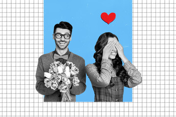 Sticker - Photo collage artwork of funky excited husband preparing wife valentine day present surprise isolated blue color background