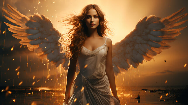 3D rendering of a woman or angel going to heaven. Beautiful sunset with clouds.