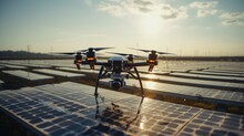 A high-tech drone inspecting a sprawling solar farm for maintenance needs.