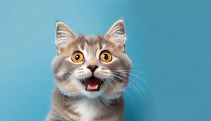 Wall Mural - adorable cute cat with surprised expression isolated on blue background banner generative ai