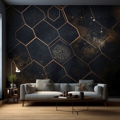 Wall Mural - A mesmerizing dark hexagon wallpaper with intricate patterns, capturing the essence of cosmic geometry under a starlit sky.