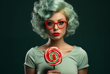 Fototapeta  - Młoda kobieta w stylowych okularach, trzymająca w ręce dużego, kolorowego lizaka. 