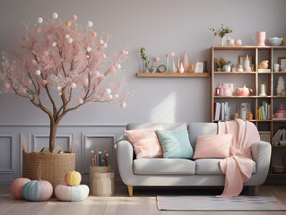 A cozy living room decorated with Easter-themed ornaments and pastel colors.