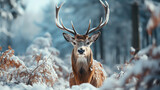 Fototapeta Zwierzęta - Straight on close up of a white-tailed deer standing in the snow