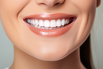 Closeup of beautiful female smile with healthy teeth. Studio shot.